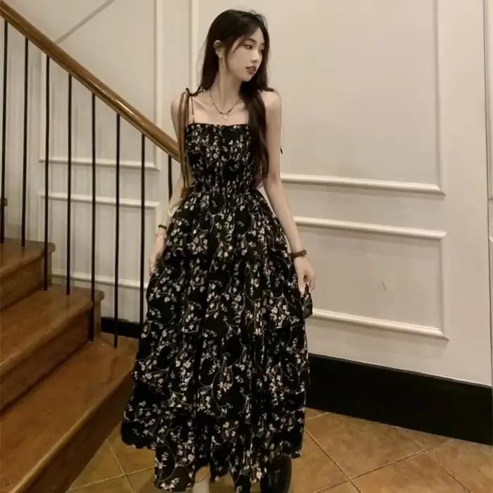 Robes mi-longues sans manches pour femmes, imprimé Floral, conçu français élégant, douce fille féeri