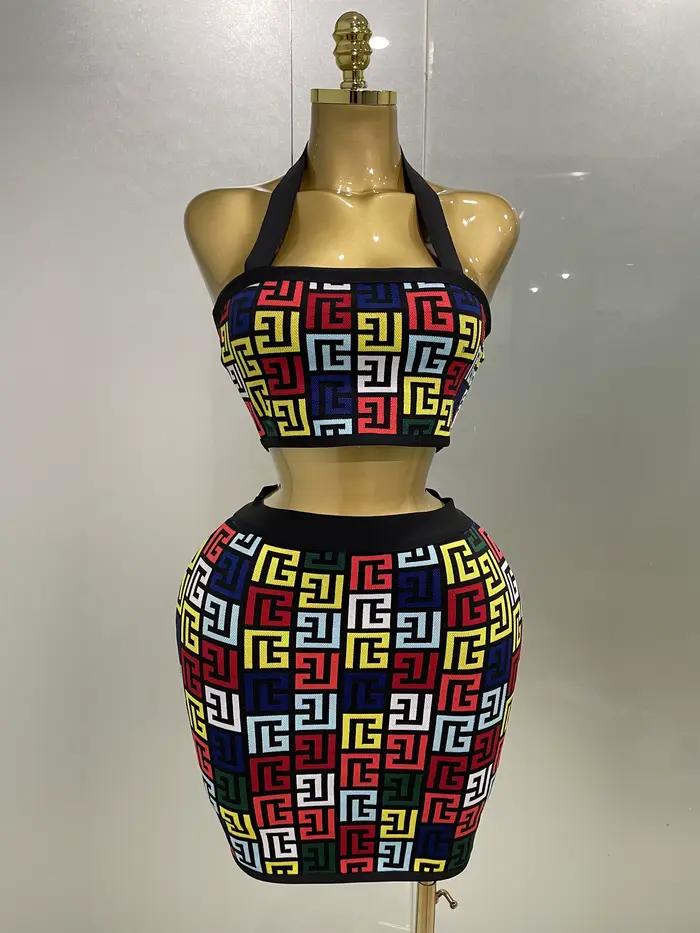 Femmes 2025 nouveau Sexy dos nu licou Jacquard deux pièces Mini jupe ensemble de bandes célébrité co