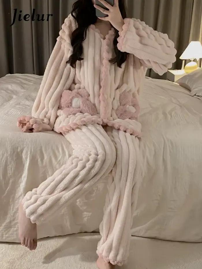 Jielur – pyjama d'hiver en flanelle pour femmes, couleur unie, vêtements chauds, épais, ensemble car
