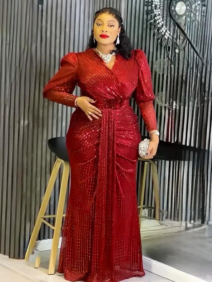 Robes longues élégantes à manches longues pour femmes, robes de soirée de luxe à sequins, robes de m