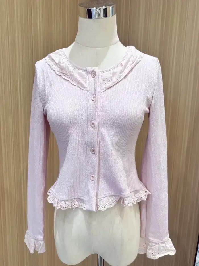 Chemisier Lolita en dentelle pour femme, tricot, coréen, élégant, manches longues, japonais, décontr
