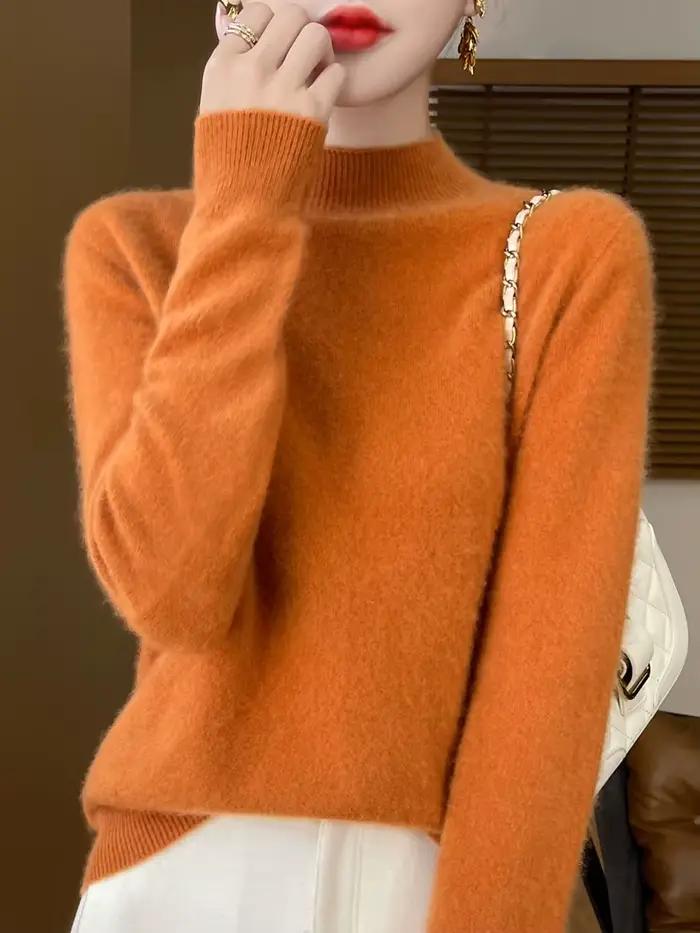 100% laine mérinos pull femmes col montant pull automne hiver basique doux chaud pulls à manches lon