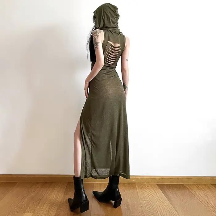 Robe longue fendue à capuche pour femme, style européen et américain, robe évidée, document pur, sex