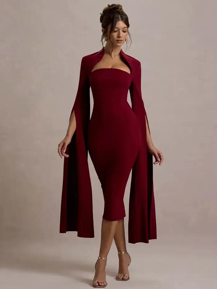 Mozision Cape à manches longues Sexy robe mi-longue pour les femmes automne hiver nouveau col carré 