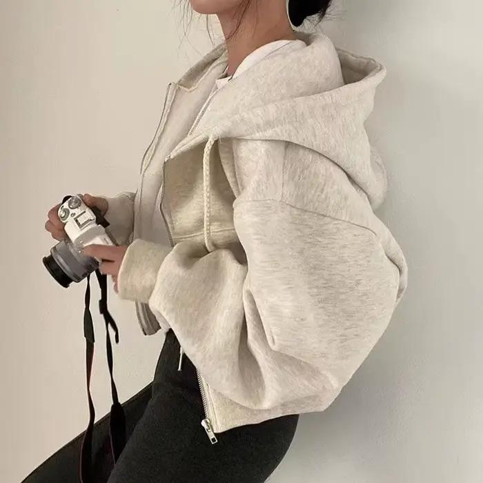 Chemise à capuche coréenne pour femmes, mode doublure polaire, sweat à capuche ample, fermeture écla