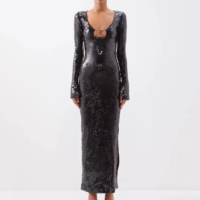 Robe de soirée sexy à sequins pour femmes, col en V, manches à clapet, jupe avec ourlet fendu, boîte