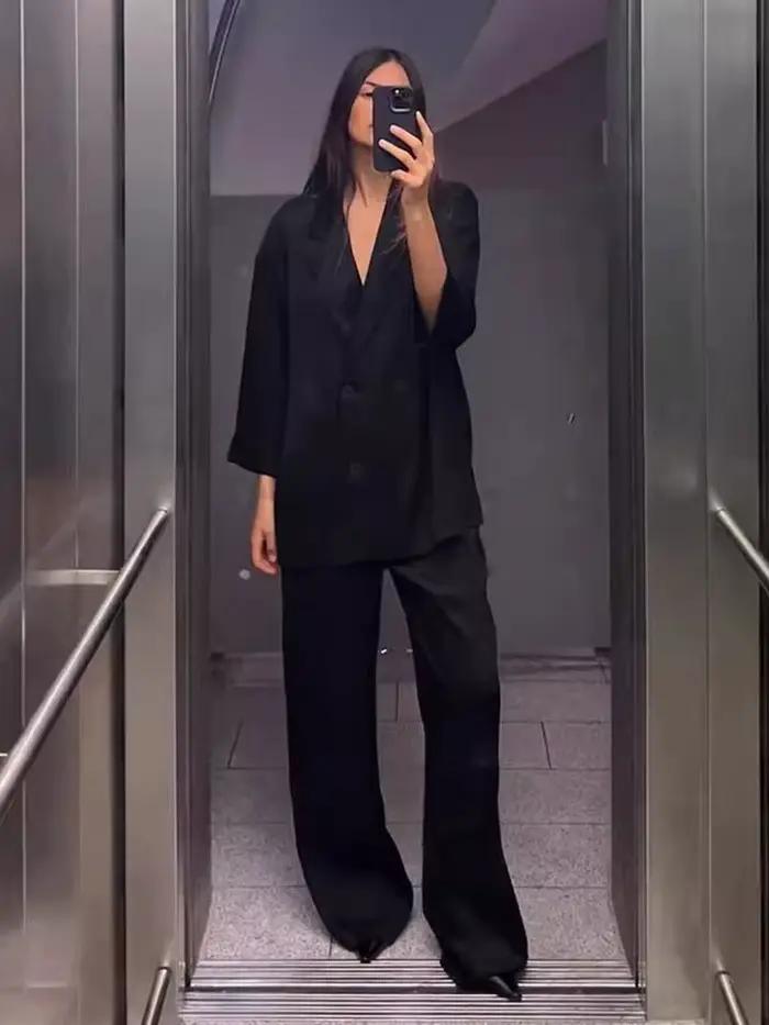 Ensemble manteau et pantalon pour femmes, Blazer décontracté, manches longues, Double boutonnage + p
