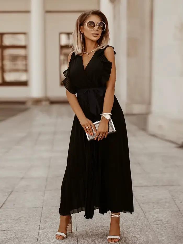 Mode élégante femmes robe sans manches col en V longue robe d'été Sexy pli robe de soirée femme en m