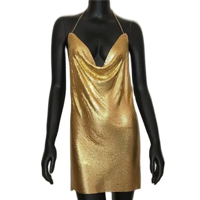 Robe courte à paillettes dos nu pour femmes, Mini robe coupe basse, Wlwear sexy, Maille fendue métal