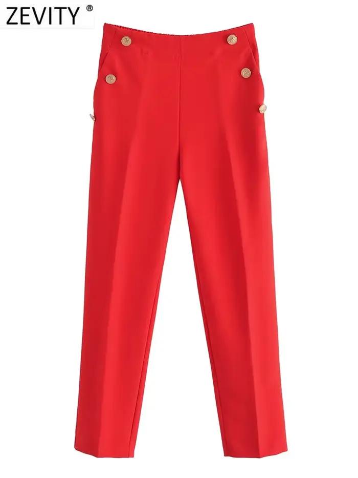 Zevity-Pantalon Crayon Décontracté pour Femme, Mode, Solide, Document, lèvent Dorés, Chic, Longueur 