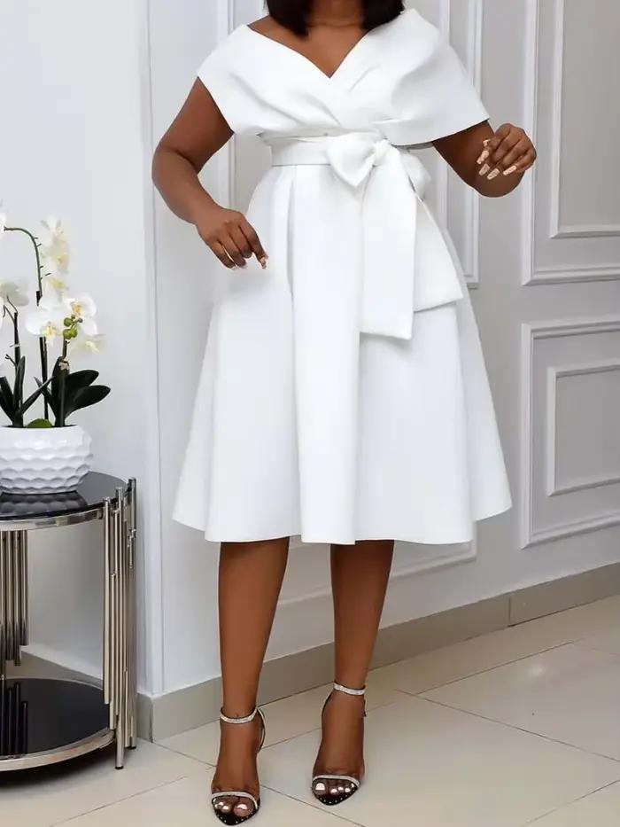 Robe de soirée élégante pour femme, col en V, manches courtes, épaules dénudées, à lacets, nœud, tai