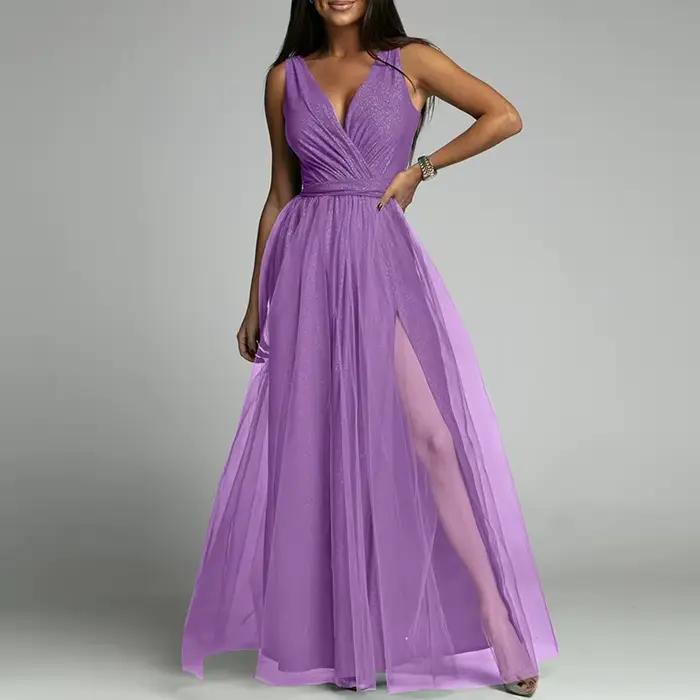 Robe de soirée en dentelle et maille pour femme, tenue de soirée Sexy sans manches, Maxi plis, col e