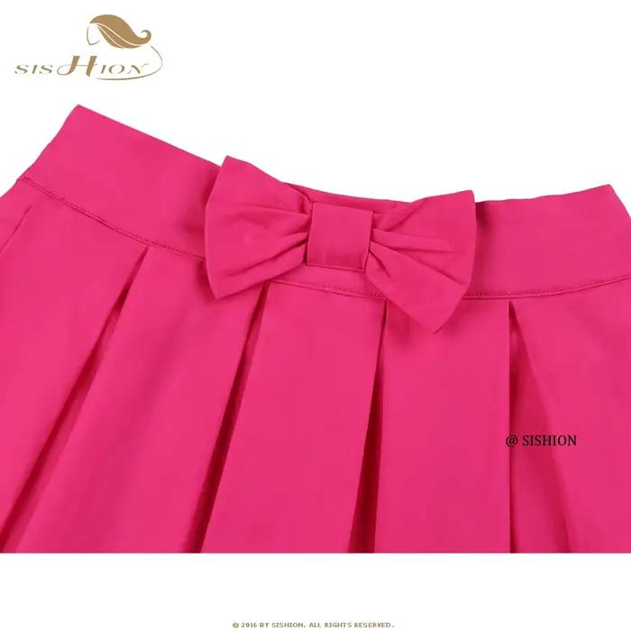 SISHION-Jupe plissée en coton pour femme, couleur unie, rose foncé, rouge, avec nœud, vintage, pour 