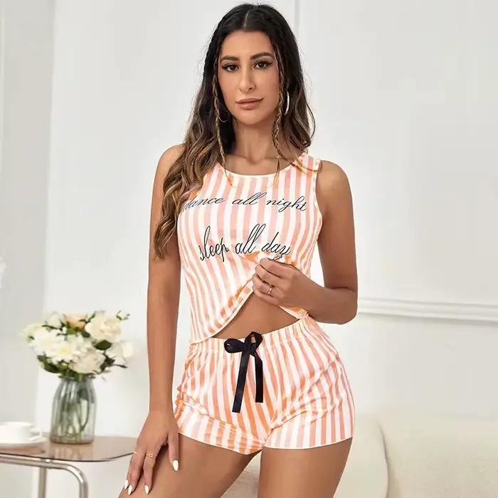 Pyjamas pour femmes été rayure pyjama imprimé Faux coton col rond pyjama débardeur short 2 pièces do