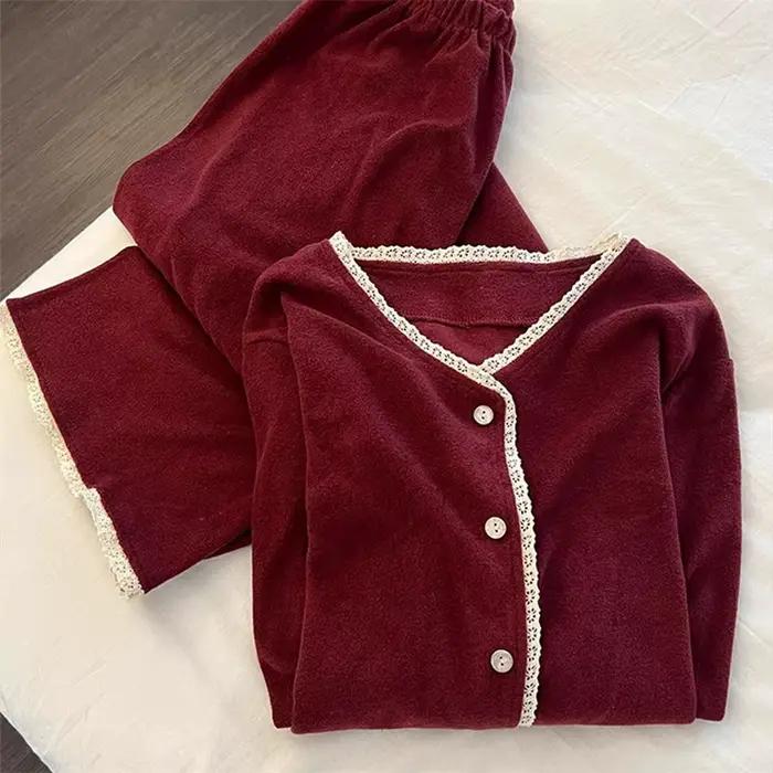 Ensemble pyjama rouge avec pantalon pour femme, épais et chaud, en velours, décontracté, manches lon