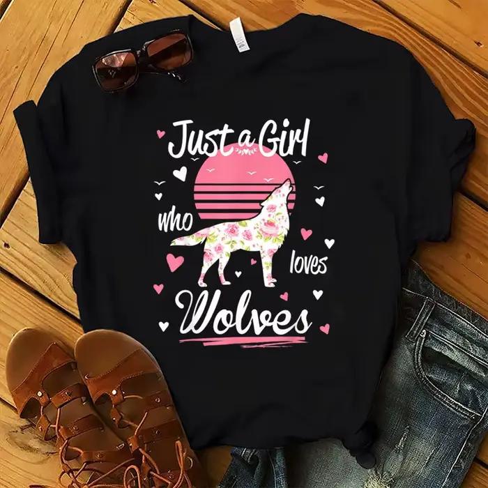 T-shirt manches courtes col rond femme, Just A Girl Love Wolves Print