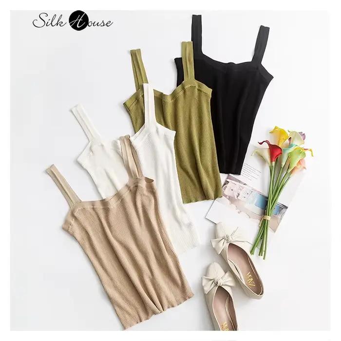 Chemise tricotée en soie et coton pour femmes, coupe cintrée, élastique, bas en soie de mûrier, coul