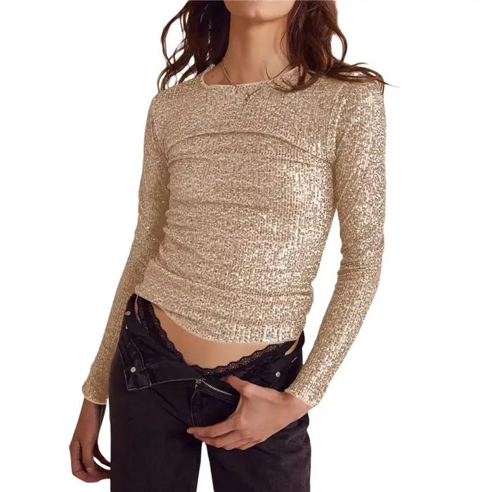Haut court à manches longues pailletées pour femmes, col rond, paillettes brillantes, t-shirt de soi