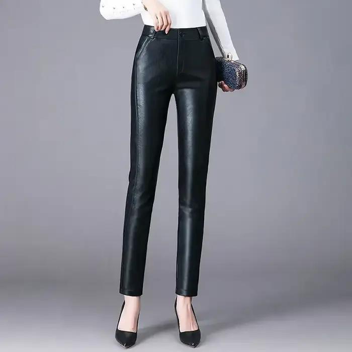 Femmes élastique taille haute véritable pantalon en cuir véritable femme mode sarouel dames poches M