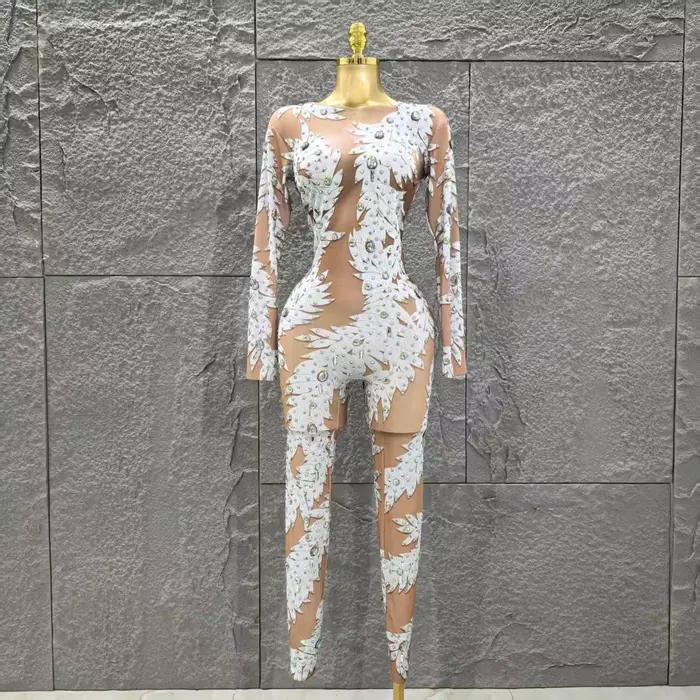 Gros femmes Sexy à manches longues brillant strass moulante combinaison célébrer discothèque fête Pe