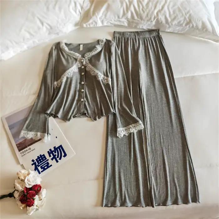 Pyjamas pour dames élégant à manches longues pantalon ensemble printemps automne hiver chambre porte