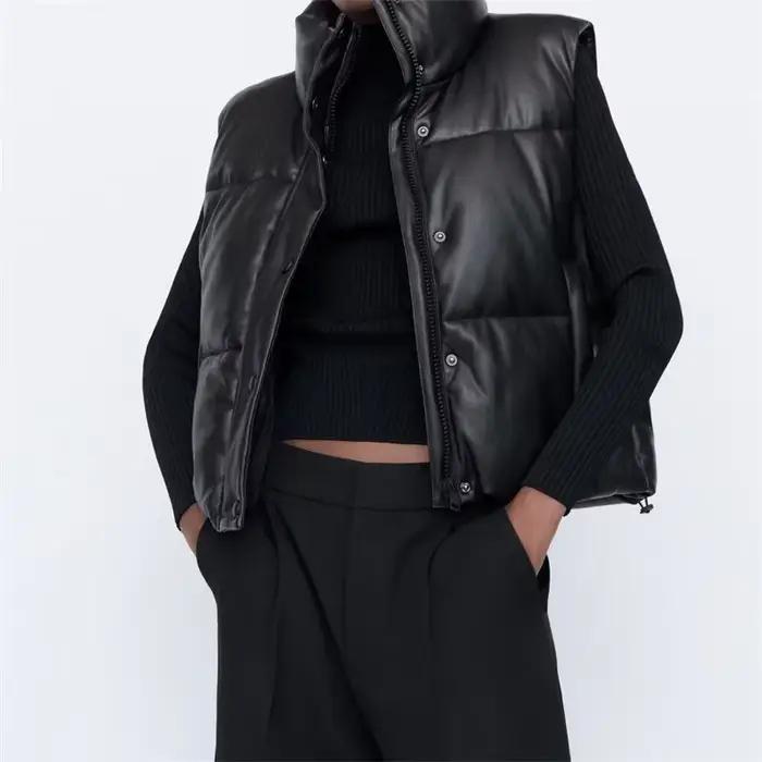 Veste en similicuir PU pour femme, gilet en duvet, PU noir, glaçure bouffante, parkas optiques, stre