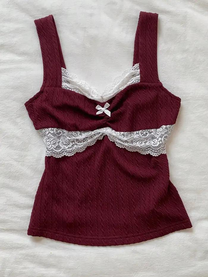 Nouveau débardeur femme Y2K tendance été avec dentelle et nœud décoratif, style pur et séduisant