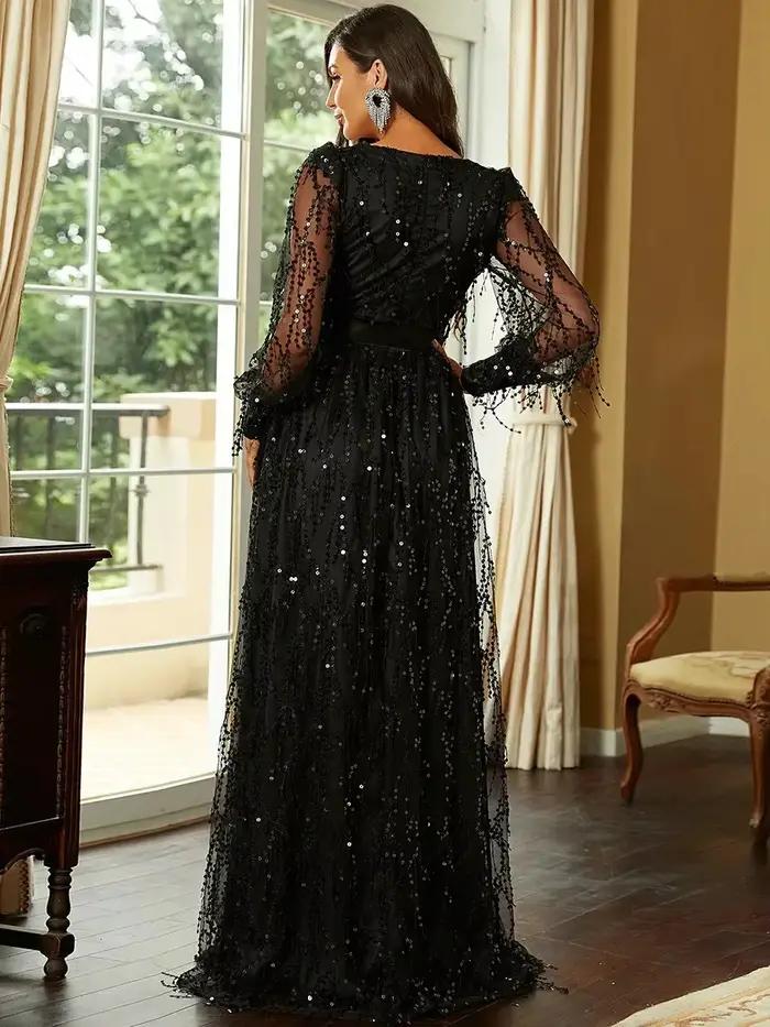 InjMesh Sequin Display Banquet fur s for Women, Robe de soirée, Robe longue, Noir, Élégant, Indépend