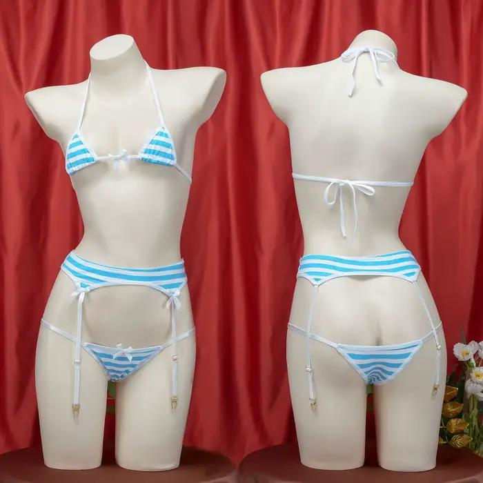 Soutien-gorge sexy Lolita pour femmes sous-vêtements Kawaii carnaval bleu rose blanc rayé mini bikin