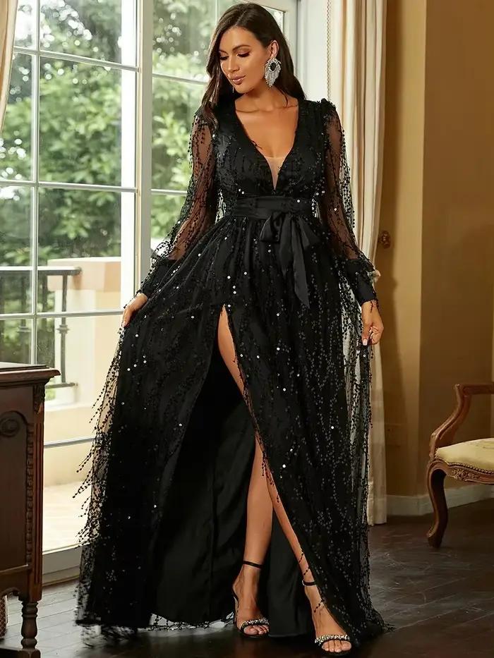 InjMesh Sequin Display Banquet fur s for Women, Robe de soirée, Robe longue, Noir, Élégant, Indépend