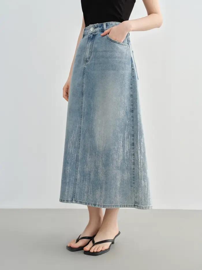 DUSHU taille incluse femmes mode argent pressé jupe en jean pour l'été 2025 taille haute minceur mi 