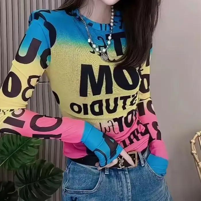 T-shirt slim en maille contrastante pour femme, style coréen décontracté, imprimé lettres, mode auto