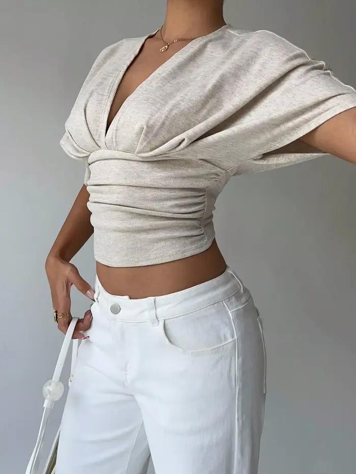 T-shirt d'été à manches courtes pour femmes, abricot, décolleté en V profond, ajusté