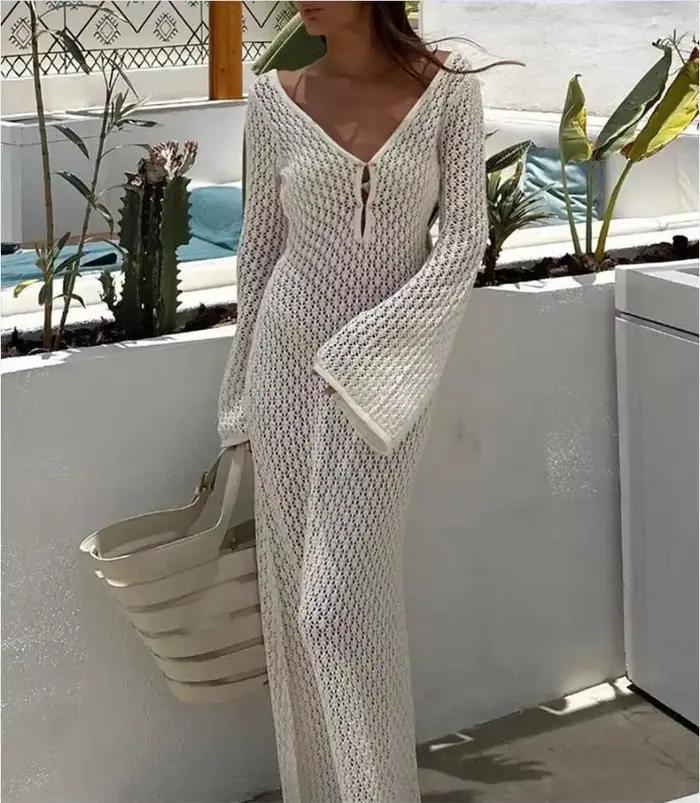 Robe de plage longue en tricot pour femmes, Sexy, ajourée, décolleté en v profond, manches longues, 