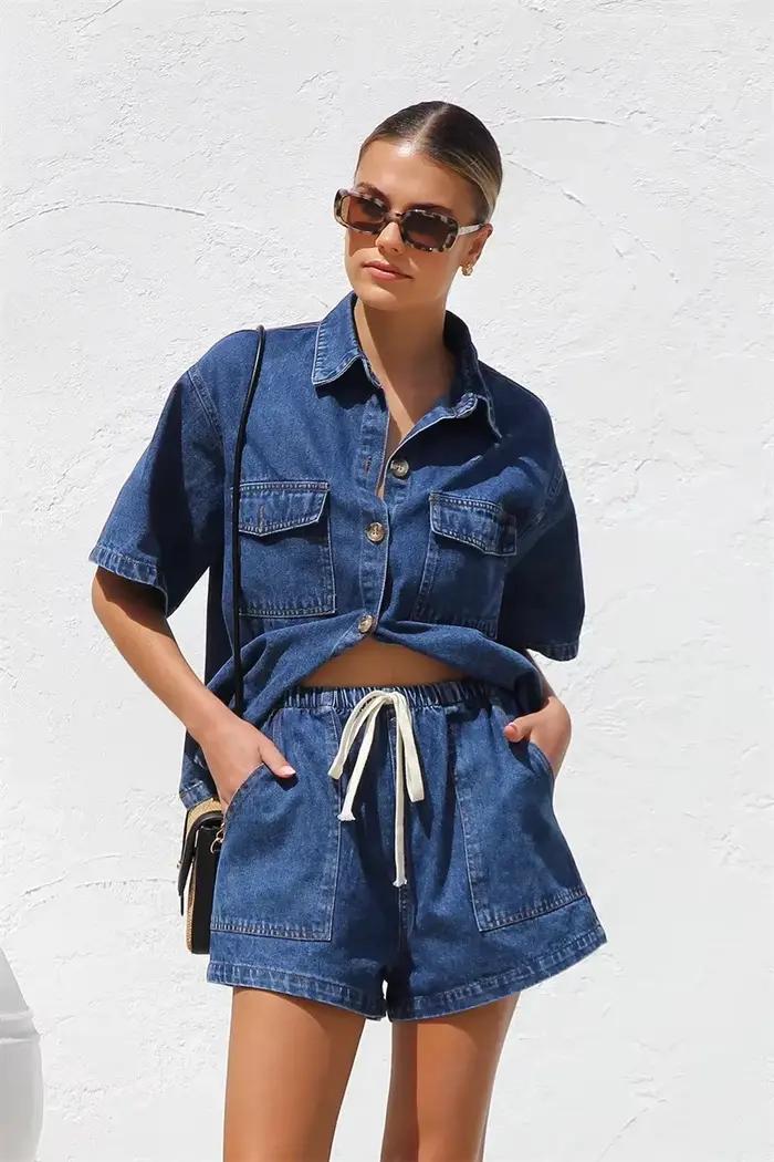 Costumes en denim vintage High Street pour femmes, manches courtes, chemise boutonnée confortable, e