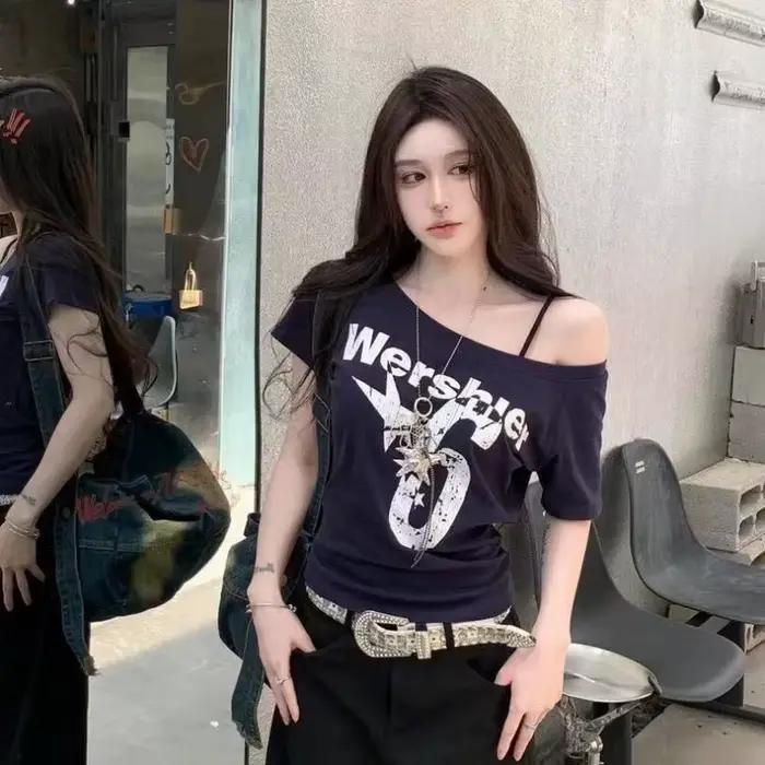 Y2k Sport été épaules dénudées haut femmes Sexy Vintage années 2000 à manches courtes t-shirt dame c