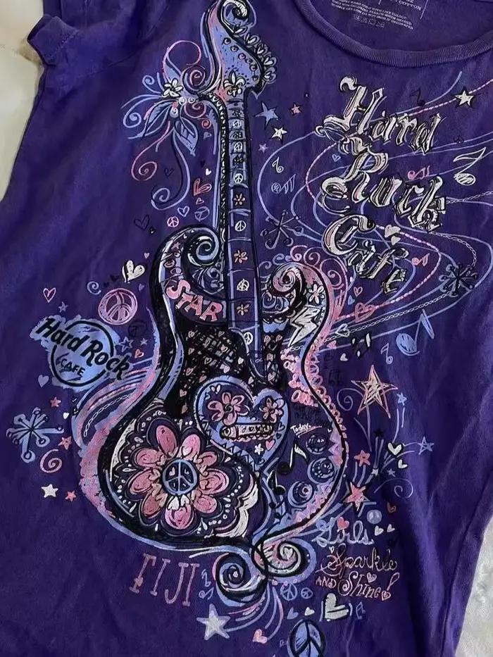 Femmes sous-culture Vintage violet imprimé T-Shirt été Y2k américain rétro mince t-shirts décontract