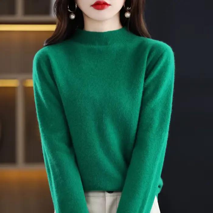 Pull en laine mérinos pour femme, pull sans couture, pull à col mi-haut, base décontractée, cachemir