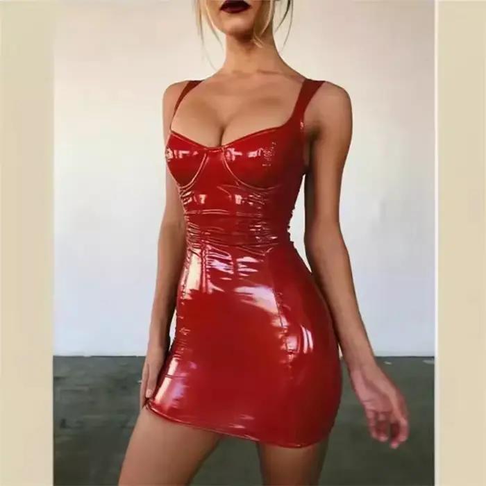 Femmes brillant en cuir verni sans manches robes Sexy coupe ajustée Wrap hanche robe femme décontrac