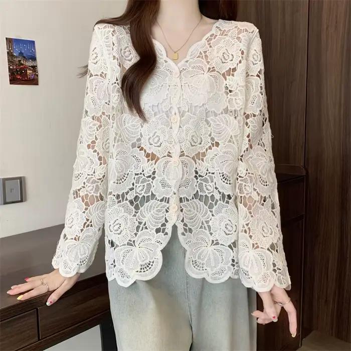 Boring Honey grande taille dentelle Crochet évider col en v chemise à manches longues femmes à la mo