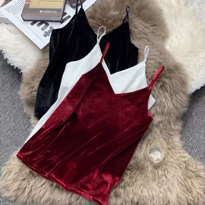 Blusa mujer moda mode sexy femmes velours débardeur haut court été coréen streetwear or velours cami