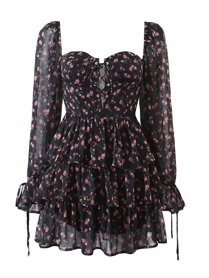 YENKYE automne mode femmes Vintage imprimé fleuri robe en mousseline de soie Sexy Semi-transparent à