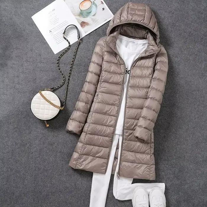 Veste de printemps ultralégère et fine pour femme, longue, pliable, chapeau détachable, jupe cintrée