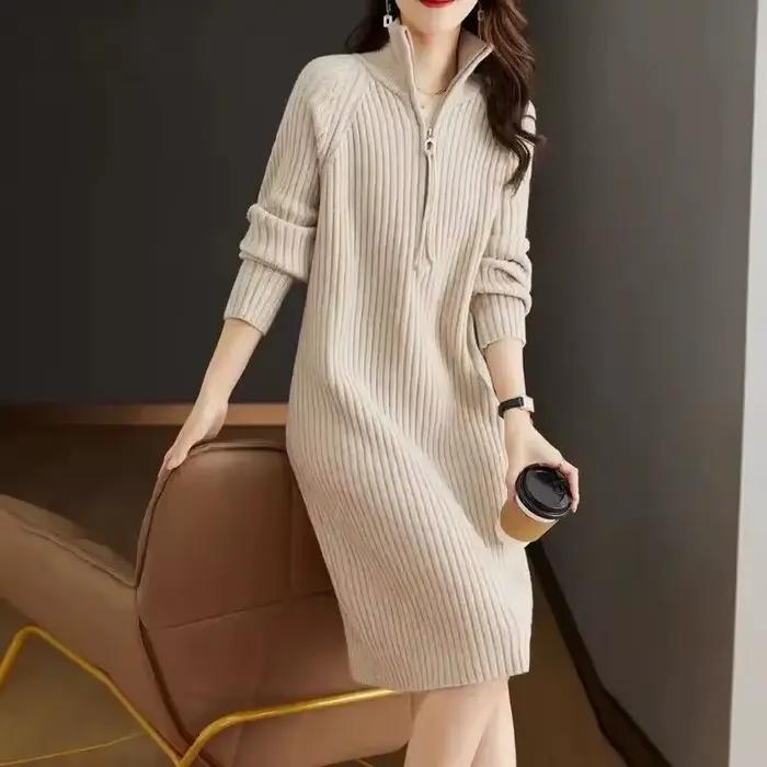 Robe à manches longues pour femmes, robe mi-longue, demi-fermeture éclair, monochromatique, grande r