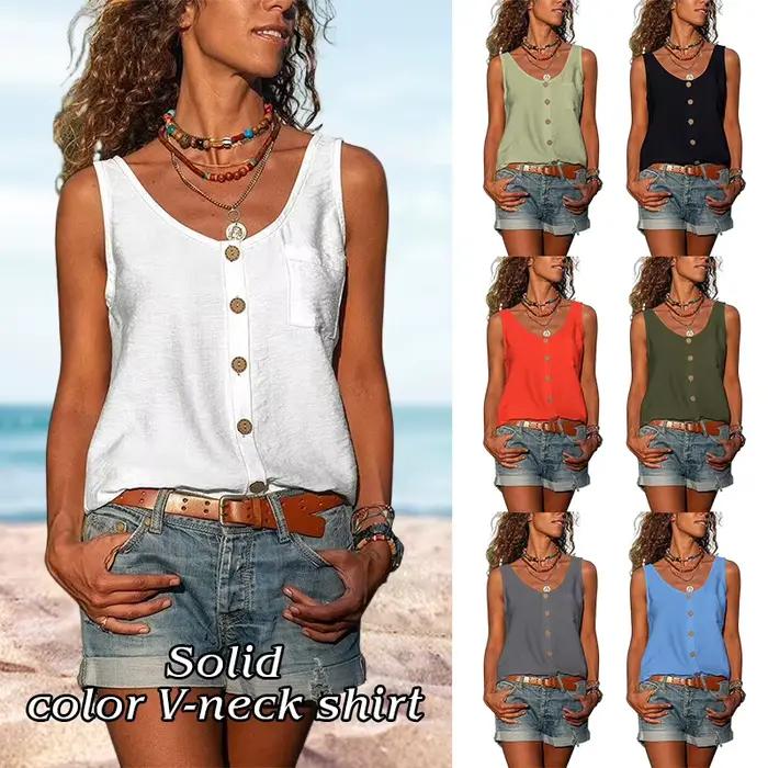 T-shirt de vacances en mousseline de soie pour femme, débardeur ample, boutons, décontracté, sans ma