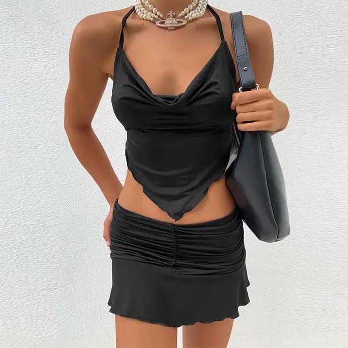 Ensemble jupe plissée décontractée pour femmes, Camisole sans manches et jupes courtes taille haute,
