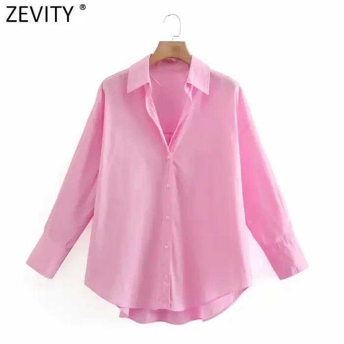 Zevity – Chemise en popeline à manches longues pour femmes, simple, Slim, décontractée, couleur bonb