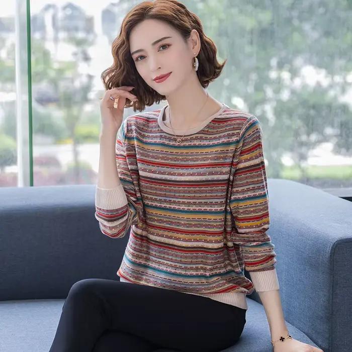 S-3XL d'âge moyen mère pull de base femmes printemps automne nouveau rayé manches longues haut col r