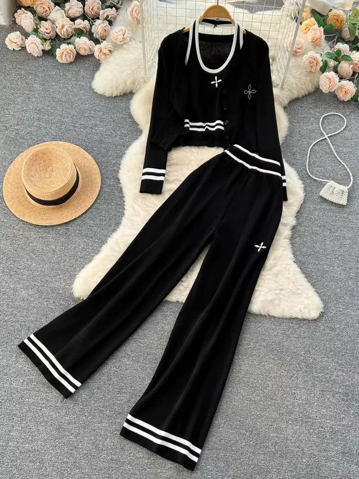 Streetwear tricoté ensemble 3 pièces pour femmes, Cardigan à manches longues manteau + Camisole + pa