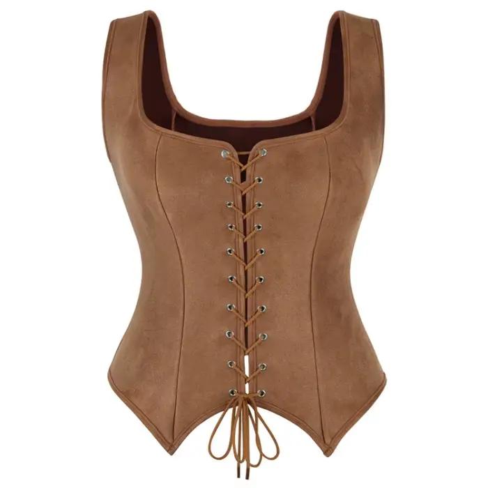 WSHKING Corset médiéval vintage en daim pour femme, gilet de pirate victorien, costume de cosplay Re